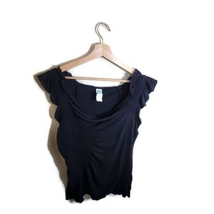 ANTHROPOLOGIE Black Short Ruffle Sleeve Drape Round Neck Synched Detail Top XL